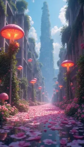 Digital painting of a ((whimsical city street)) overflowing with fantastical flora, glowing bioluminescent mushrooms sprout from the base of lampposts, vines with star-shaped flowers wrap around futur
