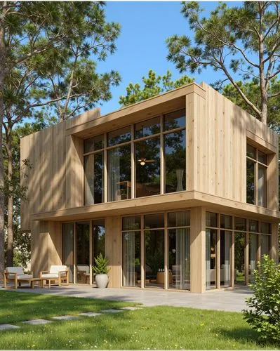 A contemporary wooden villa surrounded by pine trees, featuring large glass windows and clean architectural lines. The outdoor area includes a well-manicured lawn, stone pathways, and outdoor seating,