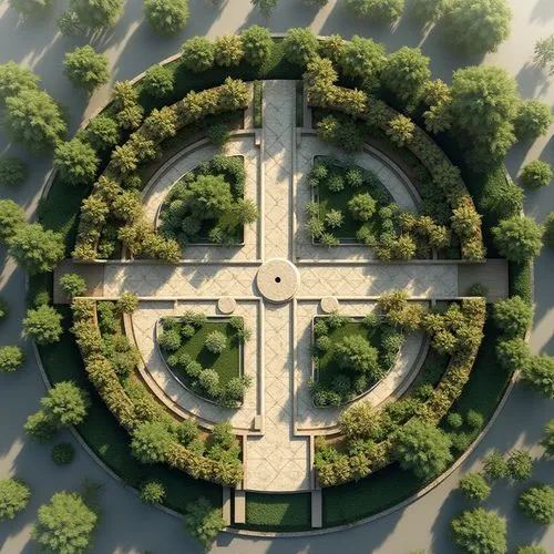Tribulus Omanense inspired luxurious landscape design in a shape of circle in plan view for roof top


,a circular building surrounded by greenery and trees,highway roundabout,roundabout,flower clock,