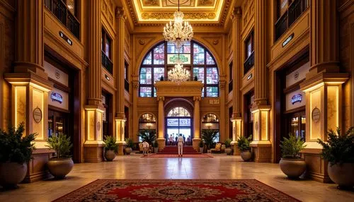 Luxurious casino facade, ornate columns, grand entrance, neon lights, vibrant signage, polished marble floors, intricate moldings, lavish chandeliers, academic architectural style, Renaissance-inspire