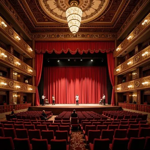 Traditional performing arts center, ornate wooden stage, rich red curtains, golden accents, intricate carvings, cultural patterns, vibrant colors, warm lighting, intimate setting, raised seating areas