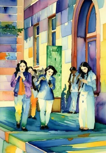 Город на закате, оранжевый дом, фиолетовые тени, акварель,painting of two women standing next to each other in front of a building,town musicians,violinists,tarantella,violas,quartette,troubadours