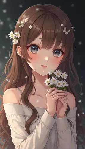 Image is a portrait photograph featuring a young woman with fair skin and long, wavy brown hair. Her facial features are delicate, with a soft expression and subtle makeup highlighting her eyes and li