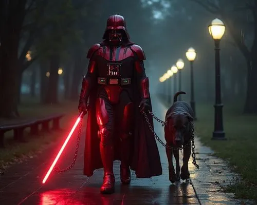 Darth Vader wearing a red Iron Man-style armored suit, glowing with subtle power lines and sleek metallic textures. He holds a glowing red lightsaber in one hand. His wrists are bound with long, heavy