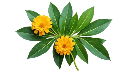 Marigold flower, bright yellow petals, dark brown center, delicate stems, green leaves, soft focus, warm lighting, shallow depth of field, 3/4 composition, vibrant color tone, realistic texture, detai