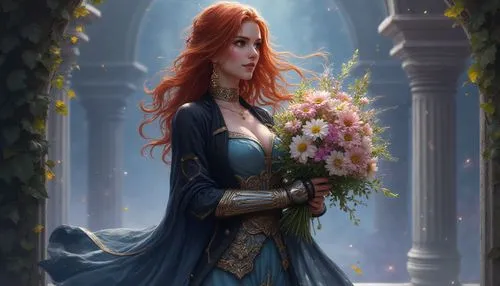 A detailed digital illustration of a woman in an advanced fashion. Her fierce expression captures the viewer's attention at her intricate silver and leather armor, blending into her outfit. She wears 