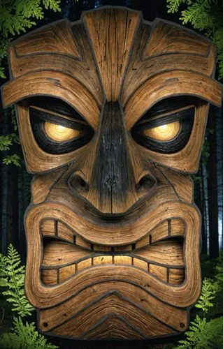 a wooden mask with eyes surrounded by forest,wooden mask,wood background,woodman,wooden man,woodcarving,forest man,carved wood,totem,wood carving,wooden background,tree face,forest king lion,tribal ma