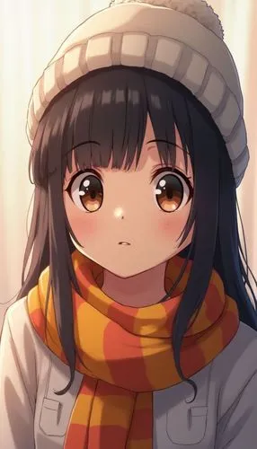 Image is a portrait-style photograph featuring a young person with long, straight black hair and a fair complexion. They are wearing a white knitted beanie and a colorful scarf with yellow and orange 