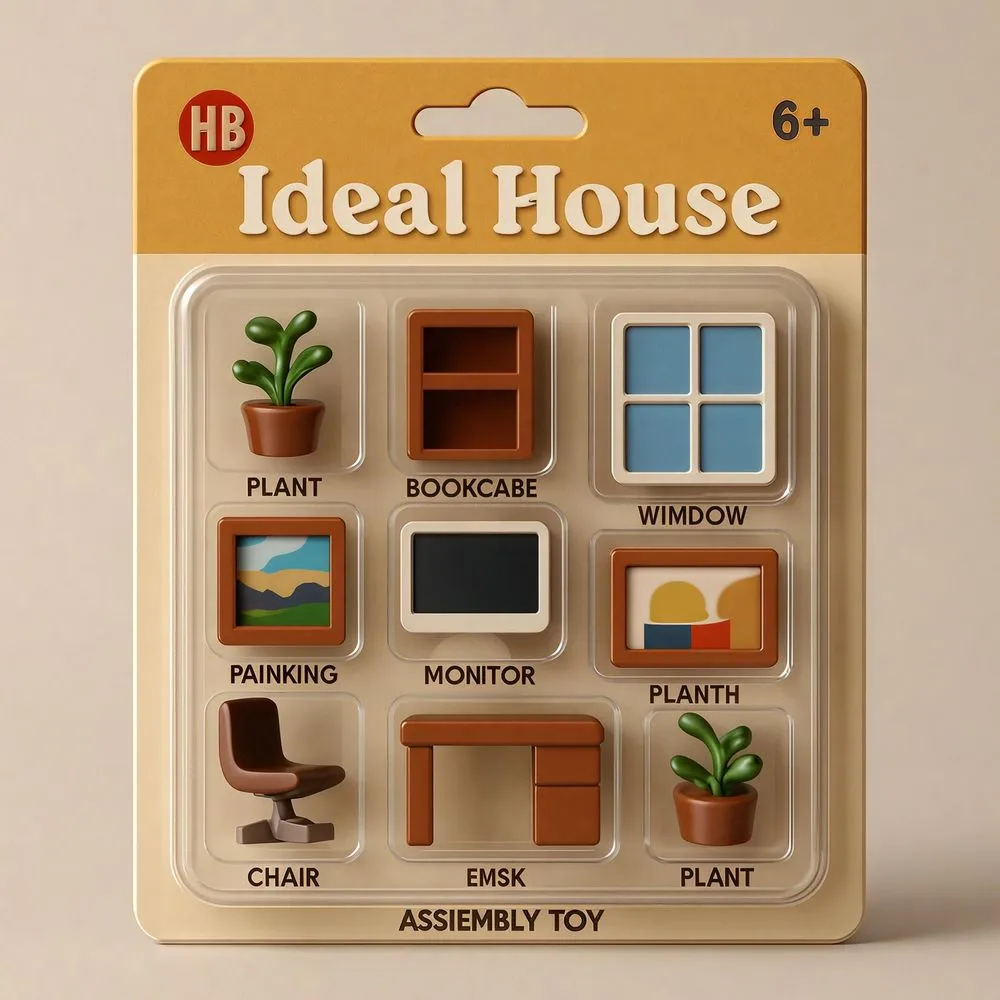 a close up of a cardboard house with pictures
