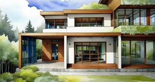 the front view of this house has a porch,modern house,house drawing,cubic house,mid century house,frame house,house painting