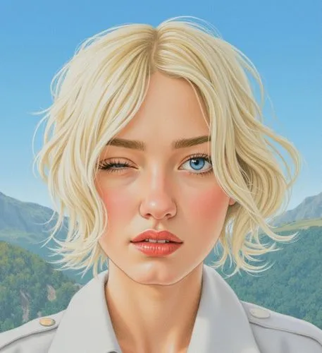 an illustration portrait of a beautiful young woman aged 22 with short blonde hair and blue eyes, she winks with her eye and purses her mouth a little, the young woman wearing a white blouse. The ba