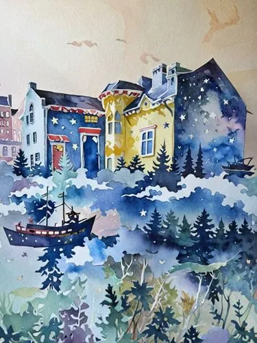 Лодка в небе, акварель,an image of a painting of a house,village scene,cottages,farmhouse,home landscape,watercolor cafe,watercolor tea shop