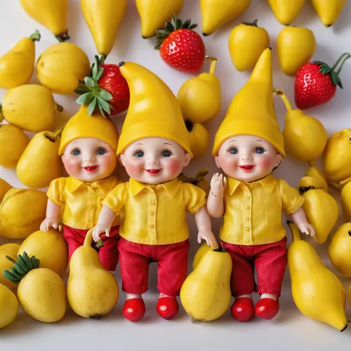 2 small plastic dolls, with a face and body made of plastic, wear a yellow shirt, wear red pants, wear a red fabric hat like a gnome's, and wear red shoes, sit on a large yellow banana, and laugh, hol