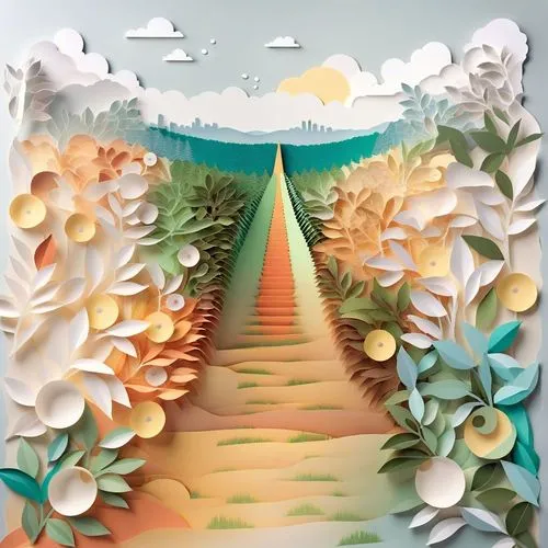 paper art landscape with colorful leaves, grass and clouds,background vector,pathway,mushroom landscape,background design,frame border illustration,tulip fields,paper art,virtual landscape,forest path
