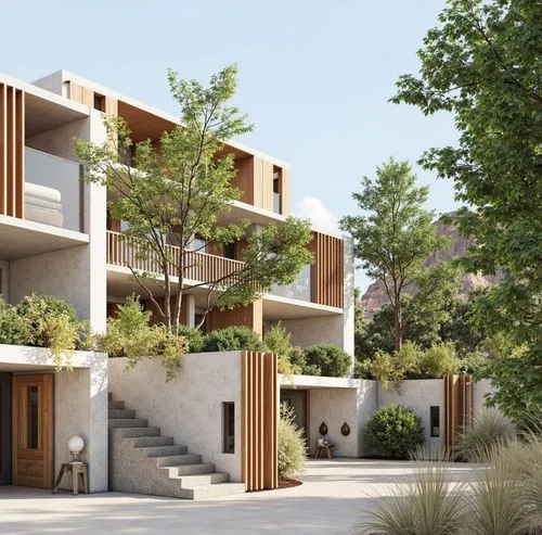 A modern townhouse with clean architectural lines and lush landscaping. The building features a mix of concrete and wooden textures, with terraces and large windows that blend indoor and outdoor space