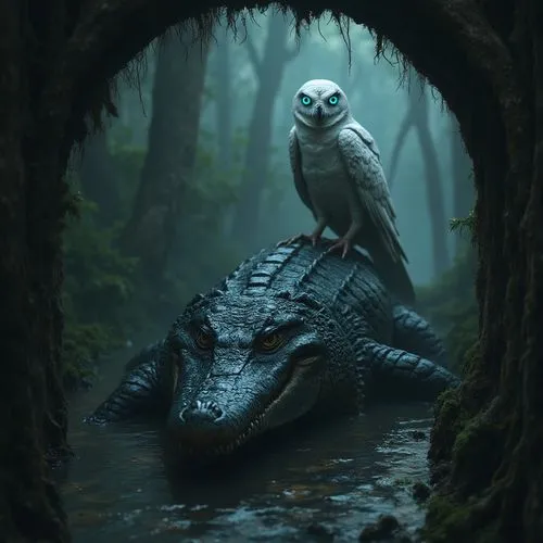 scary realistic alligator in the swamps of new orleans, in the image there is a white owl with blue illuminated eyes perched on an arch above the alligator

,an owl and an alligator are posing for a p