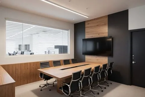 an office with a long boardroom, desk, and television,modern office,board room,conference room,meeting room,study room,consulting room,blur office background,boardroom,offices,conference table,creativ