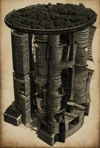 a Modern Building,a drawing of stacks of plant seeding,charcoal kiln,tower of babel,stack of tires,charcoal nest,cauldrons,briquettes,coins stacks,stack of books,chimneys,book stack,pigeonholes,wicker