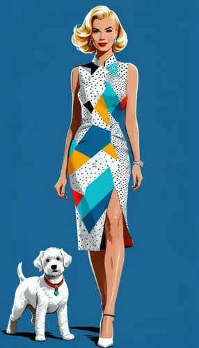 Beautiful blonde fashion designer with long bob hairstyle, wearing silver high heels, multicoloured geometric midi dress. Full-length. Drawn in the style of Herge, standing with Tintin and Snowy.,pop 