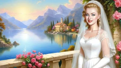 Romantic masterpiece oil painting, 1950's kitsch style, Italian fjord villa, bridal veil, high res, by Thomas Kinkade, by Bob Ross,a painting with a woman in a wedding dress on a balcony and a lake,la