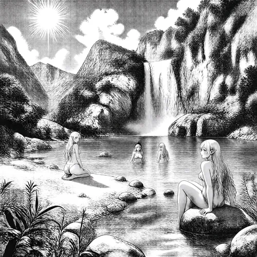 A realistic and detailed manga-style depiction of a beautiful little cove in a mountain valley in the heart of summer. Water cascades down a waterfall, forming a small lake that flows into a small riv