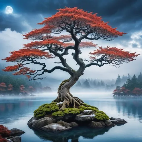 A detailed digital illustration of an ethereal stormy sky, with an ethereal, snow-covered landscape. The foreground is adorned with a  bonsai maple tree whose trunk reaches toward the dark water, whil