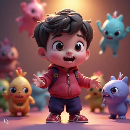 C4D 3D rendering, Q version cartoon style, full body, anthropomorphic feeling, a cute little American boy, wearing a red and purple sweatshirt on top and black and purple sweatpants underneath, playin