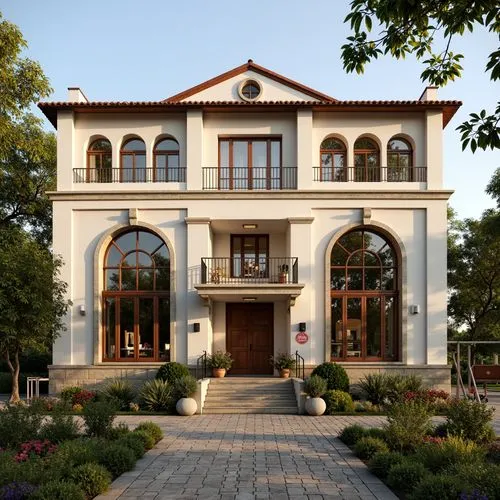 Vintage kindergarten building, classicism architecture, ornate wooden windows, multi-paned glass, rounded arches, soft warm lighting, creamy white walls, rustic stone foundations, lush greenery, bloom