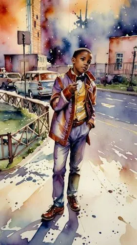 Мальчик в театральном костюме,a painting of a little boy standing on a street corner,toddler walking by the water,watercolor painting,watercolor background,watercolor,toddler in the park,violinist