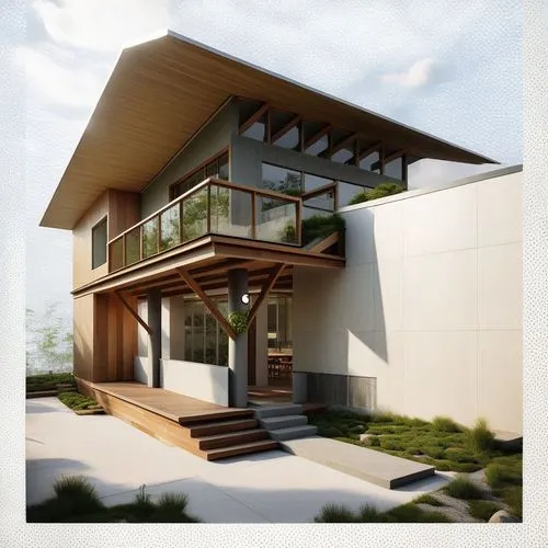 the house has wooden stairs leading to the balcony,modern house,grass roof,smart house,prefab,cubic house,folding roof