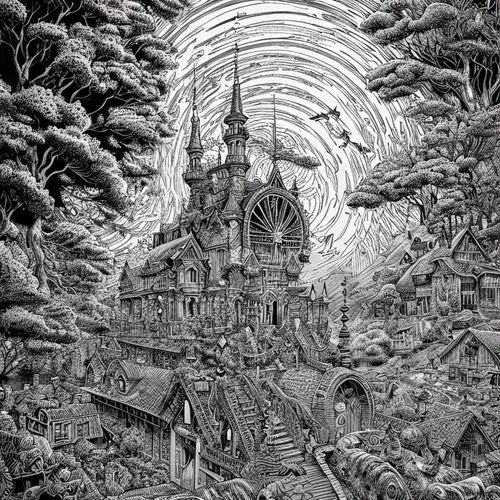 haunted cathedral,ghost castle,christmas landscape,panoramical,temples,escher,apocalyptic,pen drawing,post-apocalyptic landscape,destroyed city,cathedral,basil's cathedral,psychedelic art,haunted cast