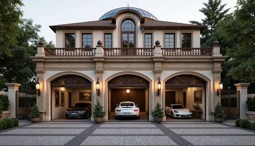 Ornate garage doors, decorative pilasters, symmetrical fa\u00e7ade, rusticated stone walls, ornamental metalwork, classic columns, curved arches, domed roofs, grand entranceways, elegant lanterns, wro