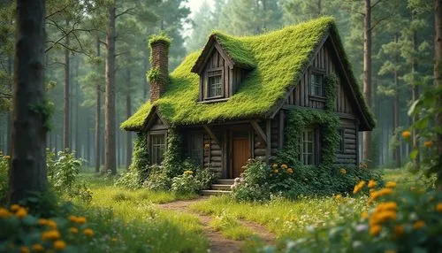 Old Green apple house in forest, flowers are blooming,  pine-tree,  planty house style,a house with a green roof in the forest,house in the forest,little house,forest house,small house,miniature house
