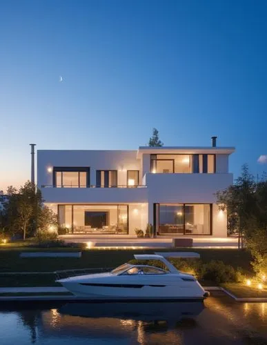 a boat floating in the water next to a large white building,modern house,house by the water,modern architecture,beautiful home,luxury home,luxury property