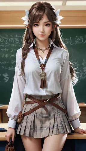 1girl, solo, long hair, looking at viewer, skirt, brown hair, shirt, jewelry, school uniform, necktie, choker, indoors, bag, bracelet, plaid, plaid skirt, classroom, chalkboard,school skirt,schoolgirl