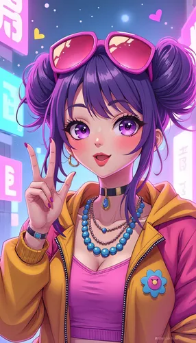 a girl with purple hair wearing pink sunglasses,colorful background,fashionable girl,neon candies,peace sign,colorful city,vector girl,shopping icon,retro girl,background colorful,portrait background,