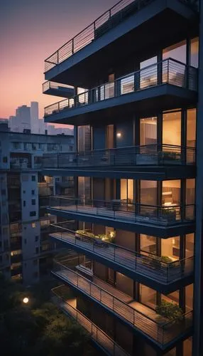 Modern architecture, apartments, sleek design, urban setting, cityscape, steel beams, glass facade, minimalist decor, clean lines, rectangular shapes, balconies with railings, potted plants, concrete 