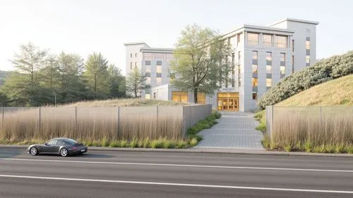 a car is parked outside a building near grass,new housing development,planted car,biotechnology research institute,new building,urban design,school design