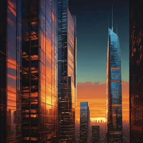 Futuristic AWS cloud infrastructure, modern skyscraper, cityscape, sunset time, warm orange light reflecting off glass windows, intricate details of metallic structure, sleek lines, minimalist design,