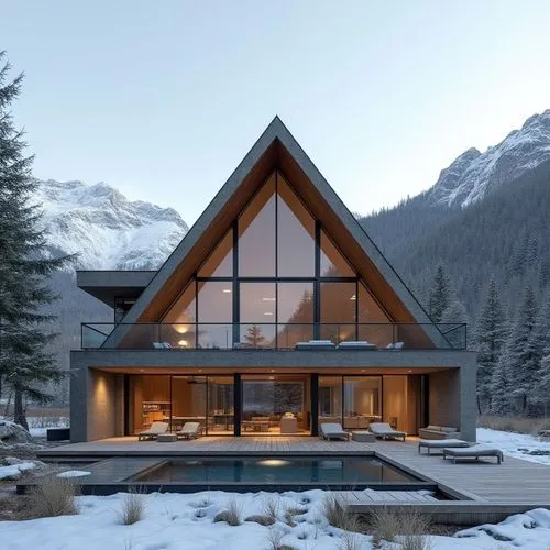 A hyper-realistic, high-resolution architectural photograph of a luxurious, alpine-style modern villa nestled in a mountainous landscape. The home features a prominent A-frame roof and is constructed
