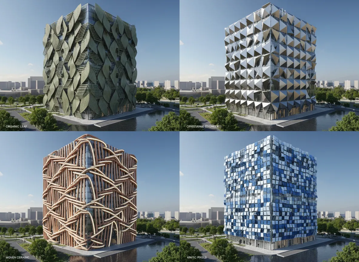 Eine Gegenüberstellung von vier verschiedenen KI-generierten parametrischen Fassadenmustern auf demselben modernen Gebäudemodell.