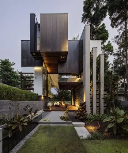 FACADE HOUSE, ALL BLACK THEME, BLACK CLADDING, 4K ULTRA REALISTIC, ON A CLEAR DAY .   ,modern architecture,modern house,cube house,cubic house,cantilevered,asian architecture,residential house,seidler