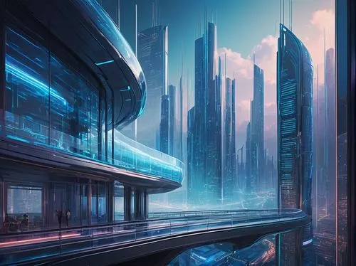Futuristic Unum architecture, sleek curved lines, metallic silver structure, transparent glass walls, intricate circuit patterns, neon blue lights, holographic projections, elevated walkways, atmosphe