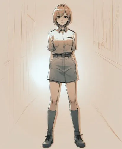 Illustration plate vectorielle d'un personnage d'anime minimaliste aux contours noirs soignés épais. Le personnage présente des proportions humaines réalistes, avec des cheveux coupe garçone. Vêtement