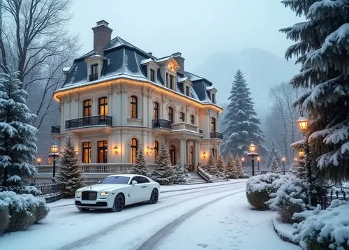 Snow-covered luxury mansion in a French neoclassical style, surrounded by a serene winter landscape. The mansion features a light cream facade with intricate columns, ornate moldings, and tall arched
