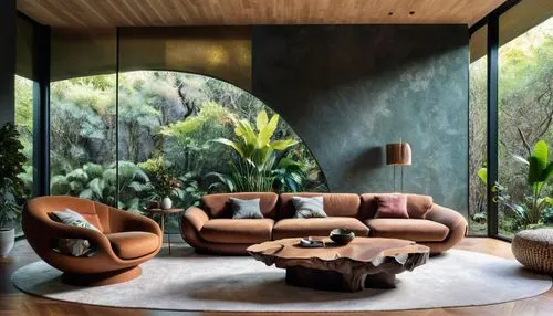Photo of a modern luxury interior with an organic design, featuring soft, curved lines and a natural flow... The space includes a spacious open-plan living area with a warm, earthy color palette and h