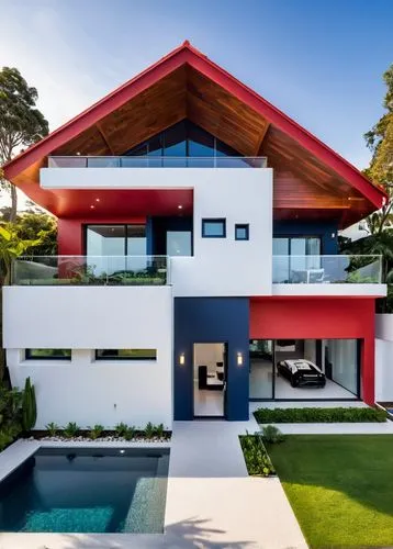 As the sun sets over a quiet suburban street, a magnificent house, its walls a deep red, sits proudly in the corner. To the left, a spacious, spacious cabin with a wooden roof and a small garden setti