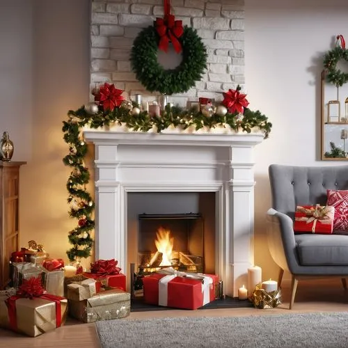 cear una imagen realista calidad hd , con un salon con adornos de navidad,un pino con regalos abajo y una chimenea encendida ,a fireplace covered in presents under a christmas wreath,christmas firepla