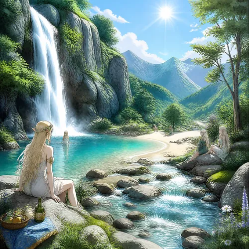 A realistic and detailed depiction, in a colorful manga style, of a charming little cove nestled in a mountain valley in the heart of summer. Water cascades down a waterfall, forming a small lake that