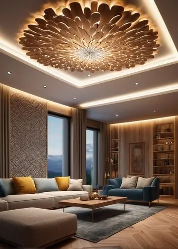 Modern living room, luxurious interior, high ceiling, LED indirect lighting, recessed lights, starry night sky effect, geometric pattern, 3D sculptured ceiling, wooden beam, minimalist chandelier, pen